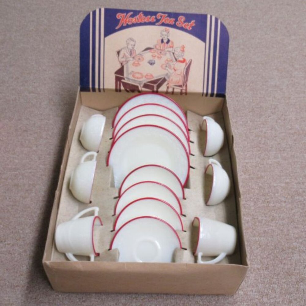 McKee Glass Custard LAUREL Red Trim 14 Pc Childs Hostess Tea Set O. Display Box